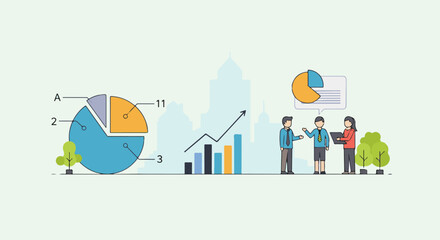 Obraz premium Business meeting showing pie charts, bar graphs, and upward trending arrow