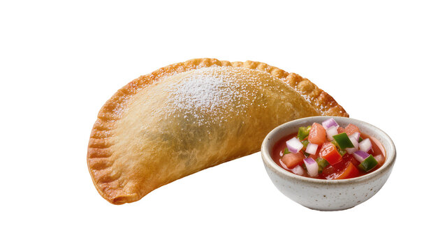 Golden baked empanada dusted with powdered sugar next to a small bowl of pico de gallo, isolated on transparent background