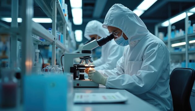 Scientist in protective suit uses microscope for medical research. Technician examines sample in lab. Team works on new drug discovery. Science research facility in operation.