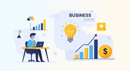 Naklejka premium Flat illustration of a man working on a laptop with charts, a lightbulb, and a coin