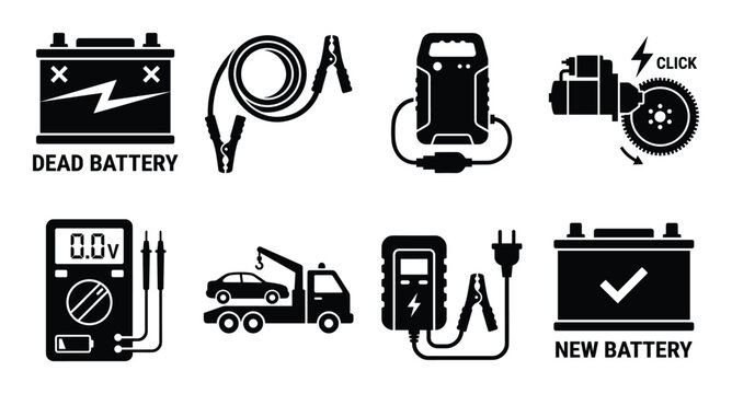 Dead car battery and jump start equipment solid icons set featuring voltmeter and roadside assistance