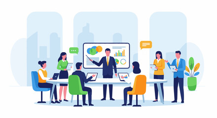 Obraz premium A team of professionals collaborates in a modern office, presenting and discussing data