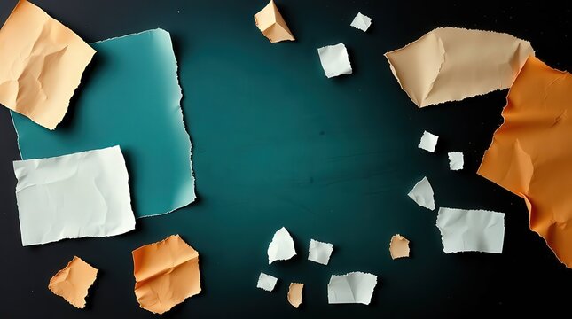 Torn paper pieces on dark background with warm and cool contrast