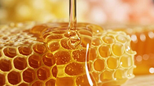 Close up shot of golden honey dripping over honeycomb, showcasing the sweet and natural goodness of the bee's product