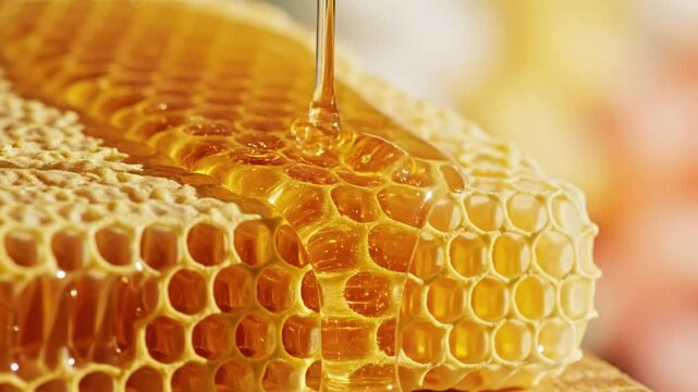 Close up golden honey dripping over honeycomb, showcasing the natural sweetness and texture of the bee product