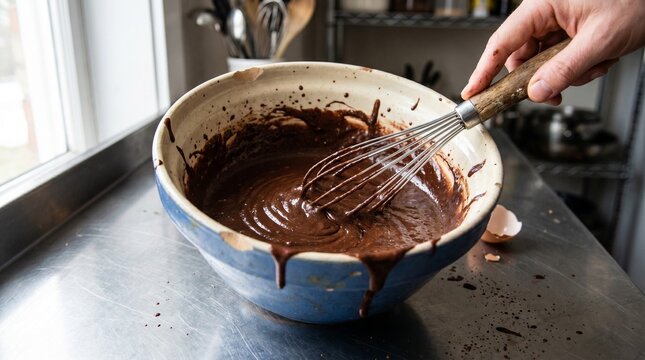 Whisk mixing dark chocolate cake batter with messy splashes in bowl