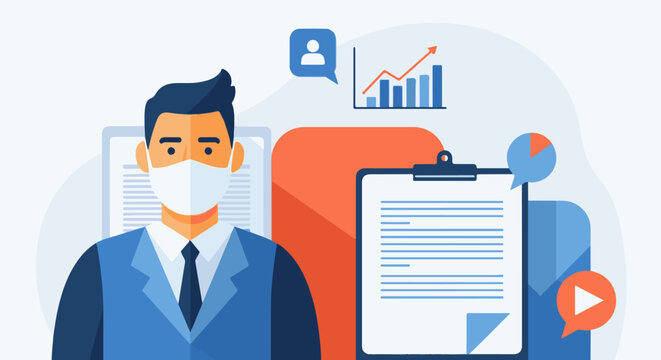 A masked professional reviews business data and charts, with a play button symbol nearby