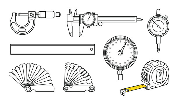 Industrial measurement instrument thin line icons set with calipers micrometers and pressure gauges