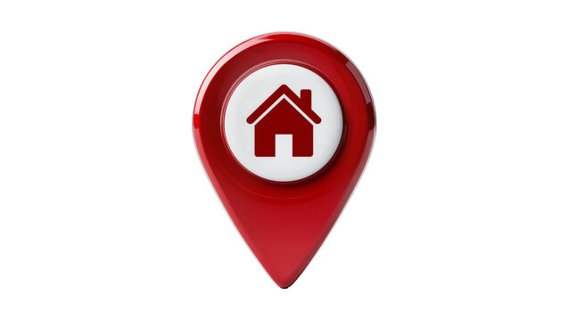 Shiny red location pin with house icon, isolated on transparent background