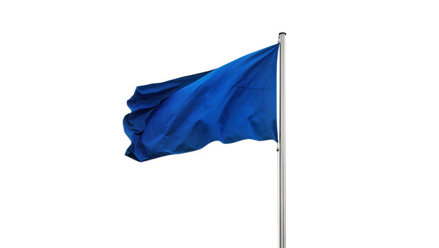 Solid blue flag waving on a metal pole, isolated on transparent background