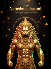 Fototapeta premium Golden Narasimha Avatar roaring with fierce expression adorned with intricate jewelry against a dark background with falling petals