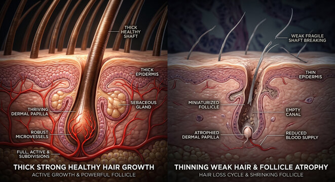 3D illustration of a dramatic side-by-side hair follicle comparison: vibrant healthy anagen follicle growing strongly versus weak, thinning, miniaturized follicle in telogen phase