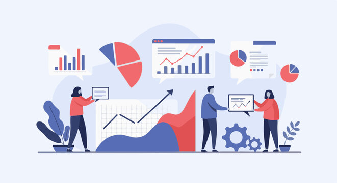 People analyzing financial data with graphs, charts, and statistics