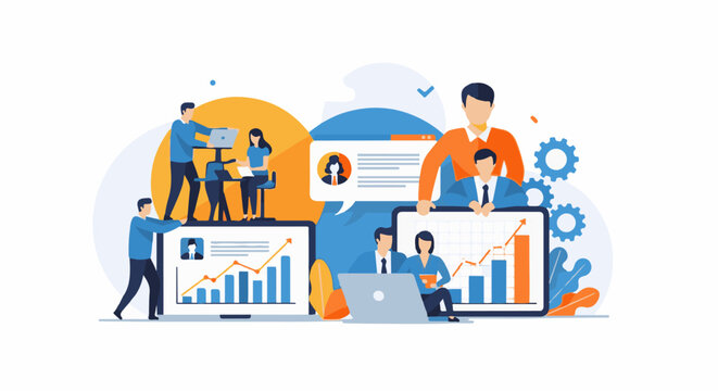 Business professionals collaborate on data analysis and project management, using laptops and charts