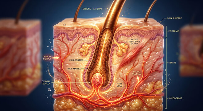 3D illustration of healthy hair follicle in anagen phase: 24K scientific visualization of rich blood flow nourishing the root and strong shiny hair shaft in cross-section biology render
