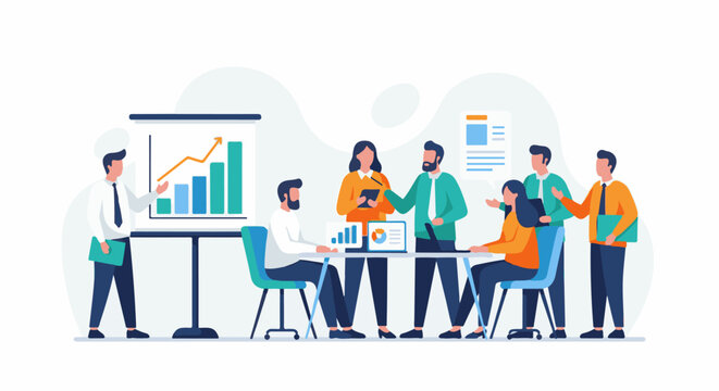 Business meeting where colleagues discuss reports and charts on a whiteboard