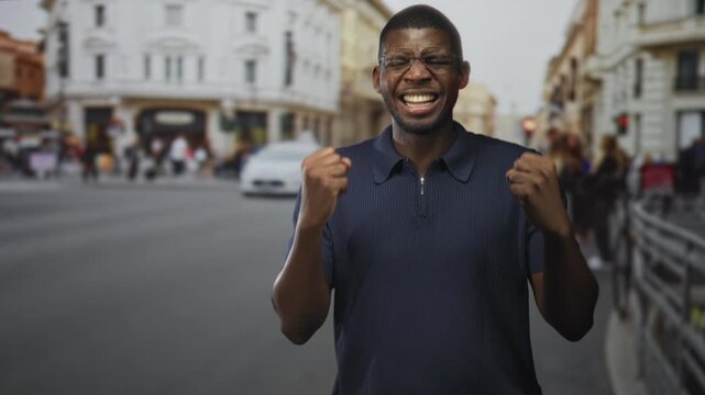 Man with clenched fists shouting and laughing on a busy european street, wearing glasses and navy polo, mouth open in victory across a brief sequence; triumph joy.