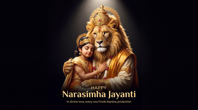 Lord Narasimha a divine lion human deity embracing a child devotee in golden attire with ornate crowns and halos against a dark background