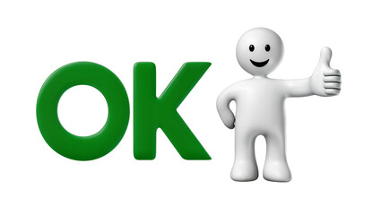 Fototapeta premium Green OK letters with a happy white figure giving thumbs up, isolated on transparent background