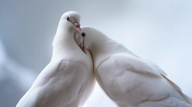 Two beautiful white doves nuzzling each other affectionately, representing peace, love, and togetherness in a soft bright setting