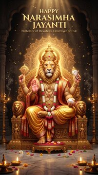 Lord Narasimha seated on a golden throne adorned with intricate carvings and divine light radiating from his halo surrounded by flickering oil lamps and floral offerings