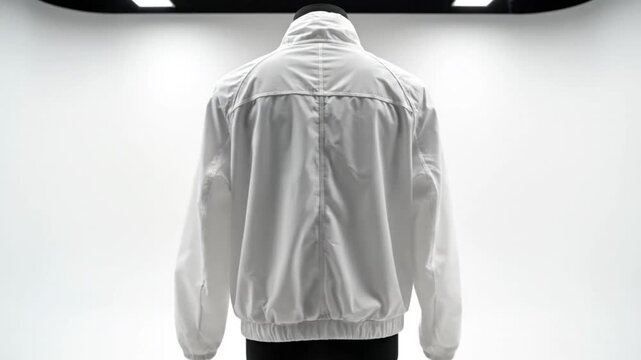 Rotating White Athletic Jacket on Mannequin with Zipper and Collar Detailing for Fashion and Apparel Visuals