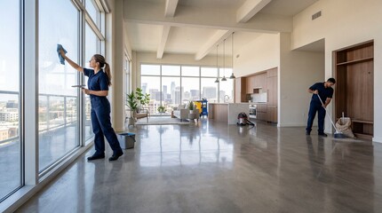 Fototapeta premium Professional cleaning team washing windows and sweeping floor in modern bright apartment with city view