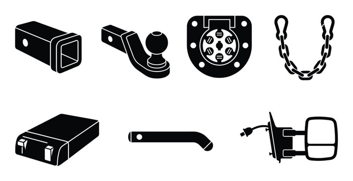 Trailer hitch accessories solid silhouette vector set, towing equipment for vehicles