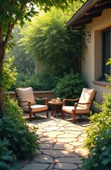 Obraz premium Two comfortable chairs arranged on stone patio in garden. Small table with coffee cup, pastries sits between. Inviting outdoor space offers peaceful retreat for relaxation, enjoyment on warm