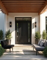 Fototapeta premium Modern house entrance with black double door and sidelights. Outdoor seating area with couch and chair under wood pergola. Landscaped yard with potted trees.