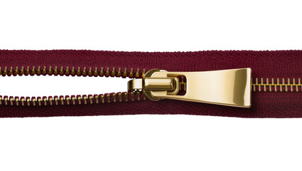 Burgundy zipper with gold slider partially open, isolated on transparent background © LUXSTORY