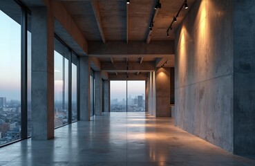 Obraz premium Empty loft space with concrete walls floors ceilings and columns. Large windows show city skyline at sunset. Modern industrial interior design.