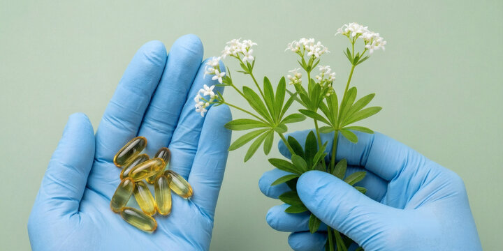 Researcher hands in blue medical gloves holding herbal sweet woodruff or Galium odoratum softgel capsules and fresh flowers for natural medicine industry