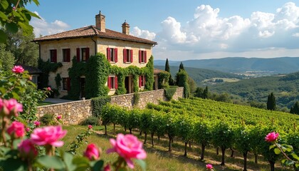 Fototapeta premium Old stone villa with vineyard and roses sits on green hill. Classic architecture estate overlooks valley. Lush vegetation surrounds building. Summer sunny day.