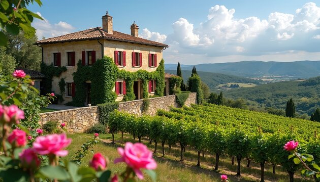 Old stone villa with vineyard and roses sits on green hill. Classic architecture estate overlooks valley. Lush vegetation surrounds building. Summer sunny day.