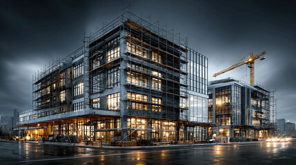 Fototapeta premium Modern office building under construction at night with crane