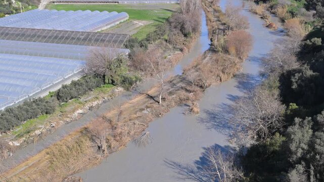High water level of the Esen River flooding near Xanthos in Turkey