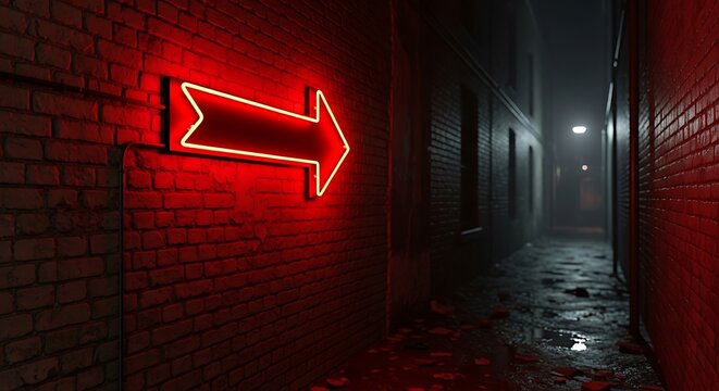 Neon Arrow Guiding Through Dark Alleyway - A Visual Metaphor.