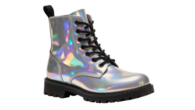 Holographic silver combat boot with black laces, isolated on transparent background