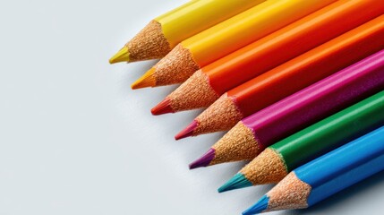 Obraz premium Various colored pencils arranged in a row on a light background showing tips in different shades ready for drawing or coloring projects