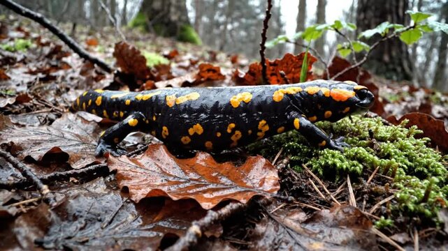 Black and Yellow Fire Salamander on Forest Floor with Wet Leaves and Green Moss