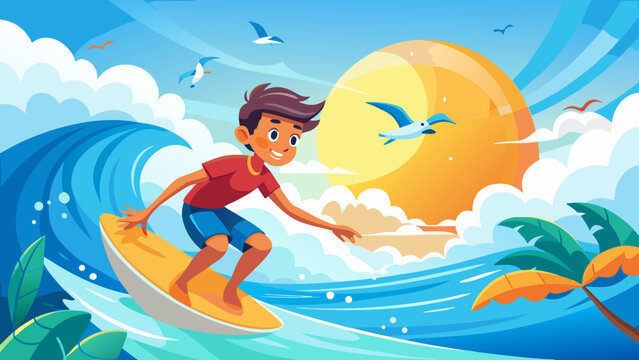  Summer Surfing Boy on Big Ocean Wave Vector Illustration