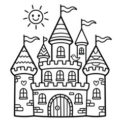 Fototapeta premium A whimsical castle illustration with a smiling sun and flags presented as a silhouette