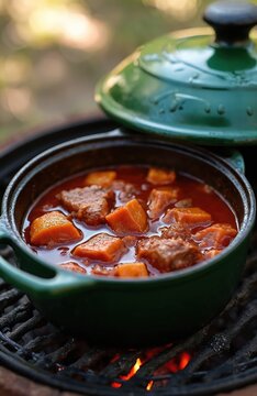 Hearty venison goulash with sweet potatoes slow cooked in a dutch oven over an open charcoal grill. Outdoor cooking preparation for a delicious autumn meal.