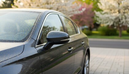 Naklejka premium Spring pollen dusting a black parked car in a neighborhood driveway near blooming trees for seasonal allergy awareness concept