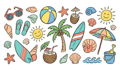 Obraz premium Hand drawn beach vacation doodle vector set with summer objects scattered in playful layout isolated on white