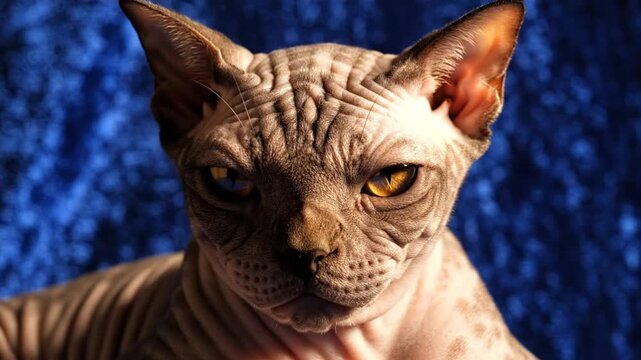 Close-up of a Sphynx cat with intense expression and heterochromia iridum, peering towards the camera