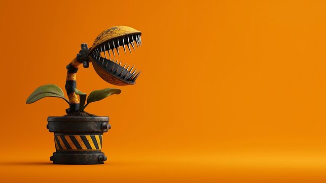 Whimsical Venus flytrap made of industrial clamps surreal mechanical nature concept
