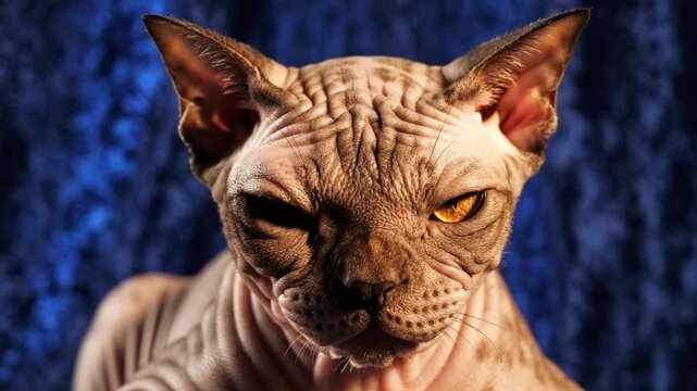 Sphynx cat with intense gaze and closed eyes, winking slowly against a dark blue background