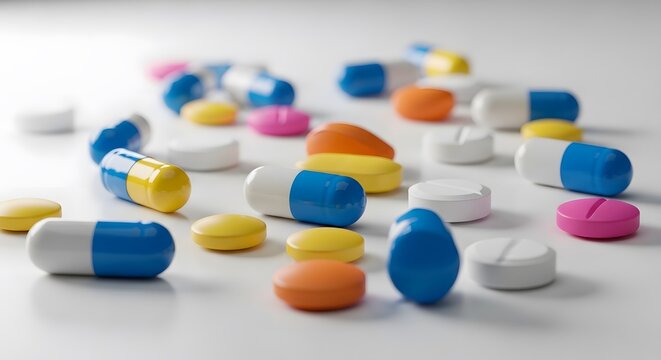Assorted pharmaceutical pills and capsules on white surface